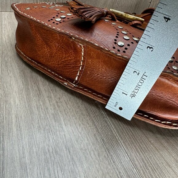 Vintage Studded Shoulder Purse Tassel Flap Adjustable Leather Brown - Picture 13 of 13